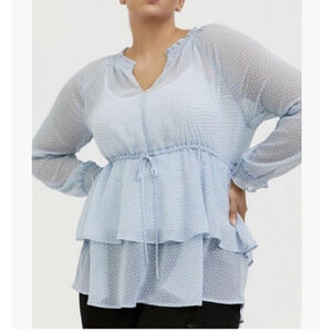 Torrid Chiffon Peplum Tiered Blouse Womens 2 2x Blue Swiss Dot Peasant Feminine